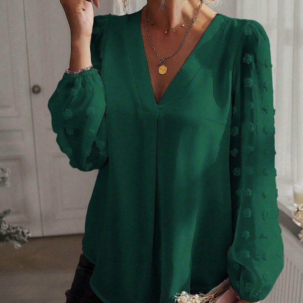 Dark Green Casual Women's V-Neck Raglan Sleeve Casual Loose Elegant Blouse